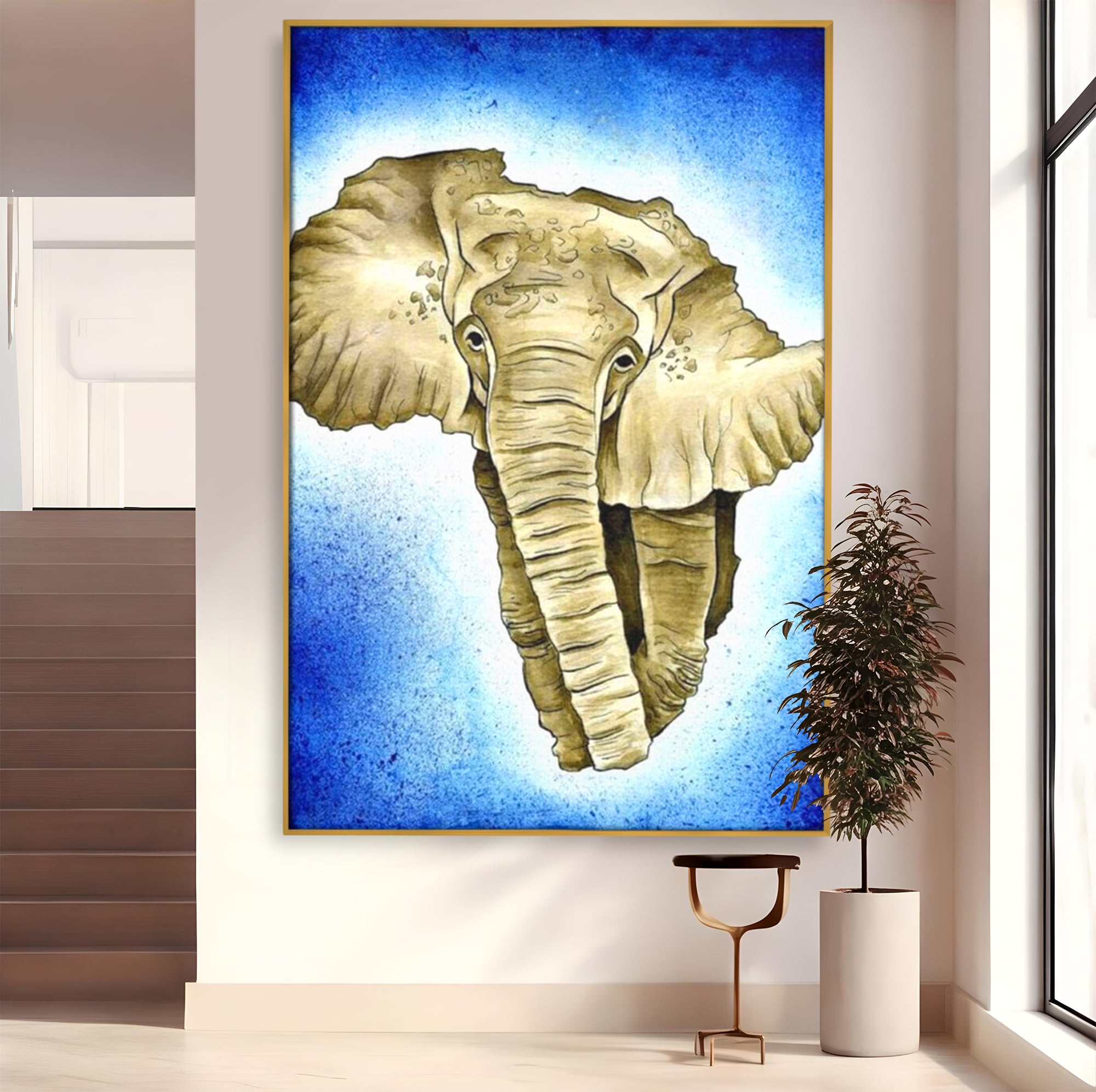 Tablou canvas cu tablou canvas cu cap de elefant, in rama de aluminiu auriu